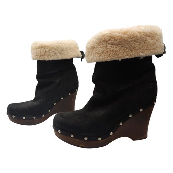 UGG Carnegie Leather Shearling Fold Down Wedge Clog Winter Boots Black Size 10 - Picture 2 of 12